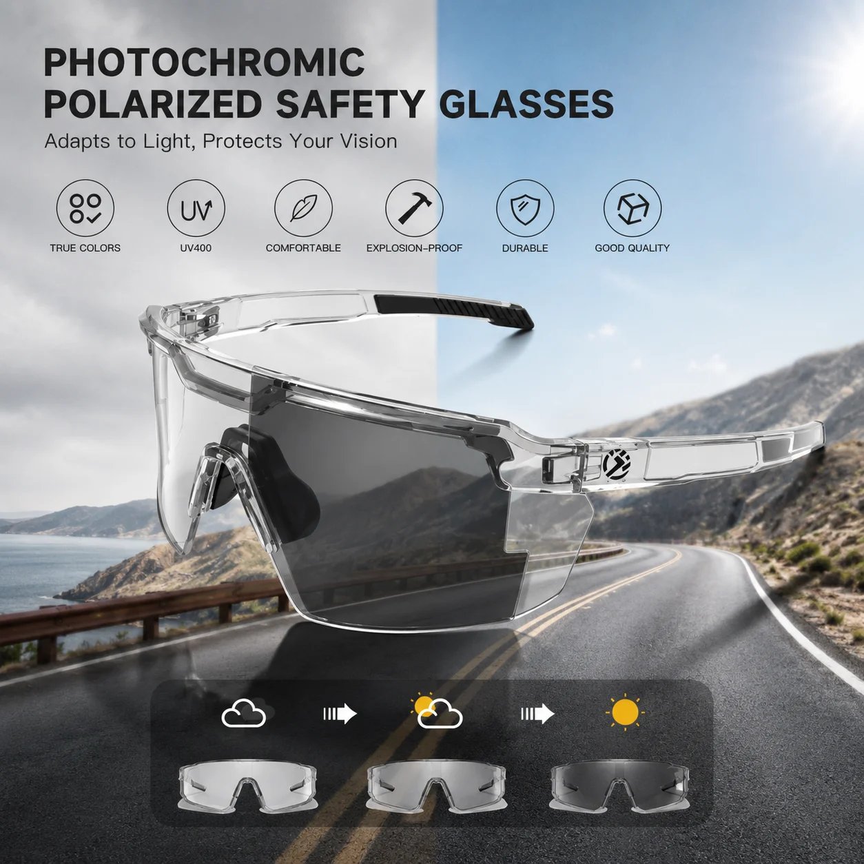 UV400 Photochromic Polarized Safety Glasses - Impact Resistant Outdoor Sports and Work Eyewear