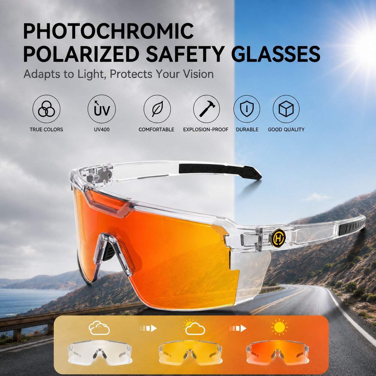 UV400 Photochromic Polarized Safety Glasses - Impact Resistant Outdoor Sports and Work Eyewear