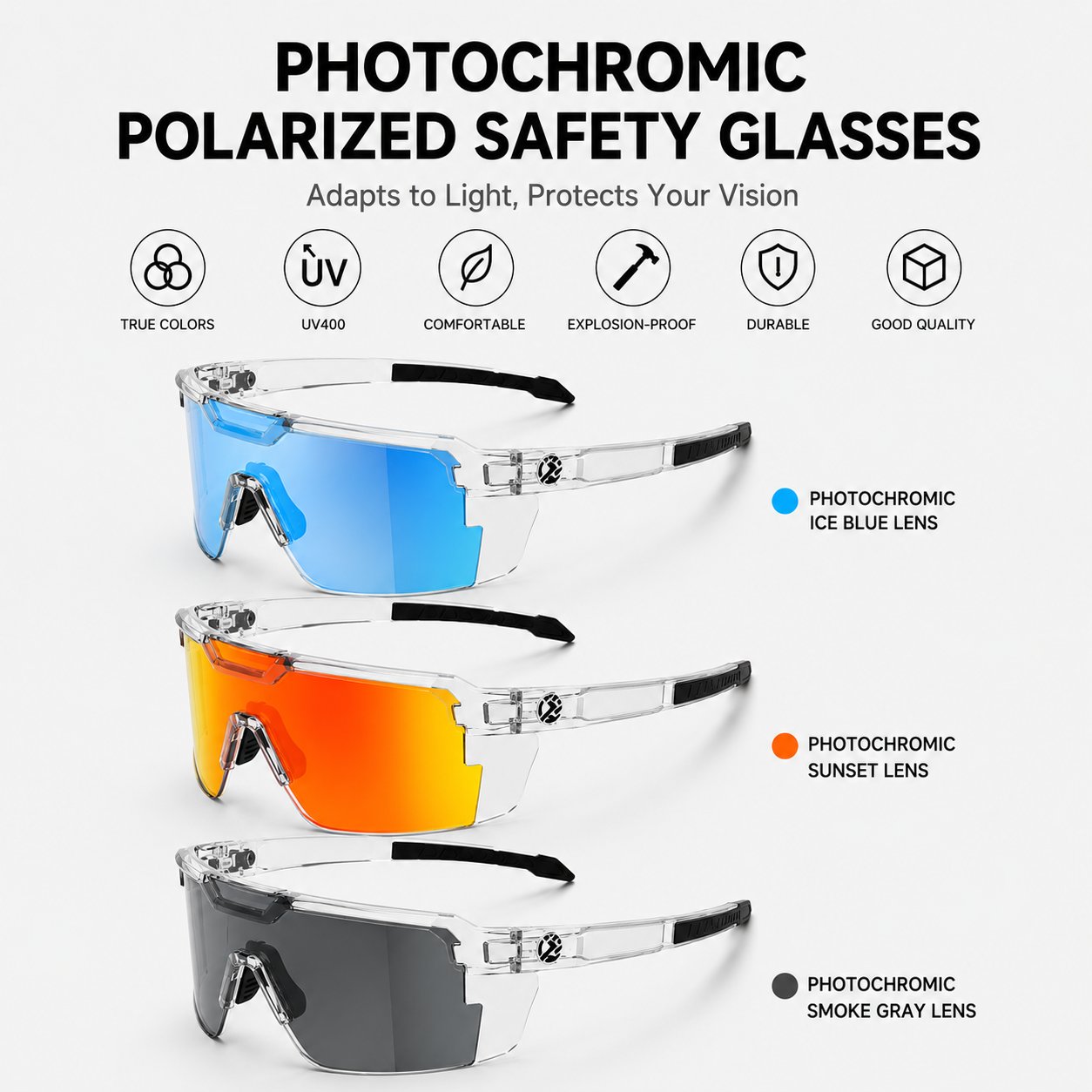 UV400 Photochromic Polarized Safety Glasses - Impact Resistant Outdoor Sports and Work Eyewear