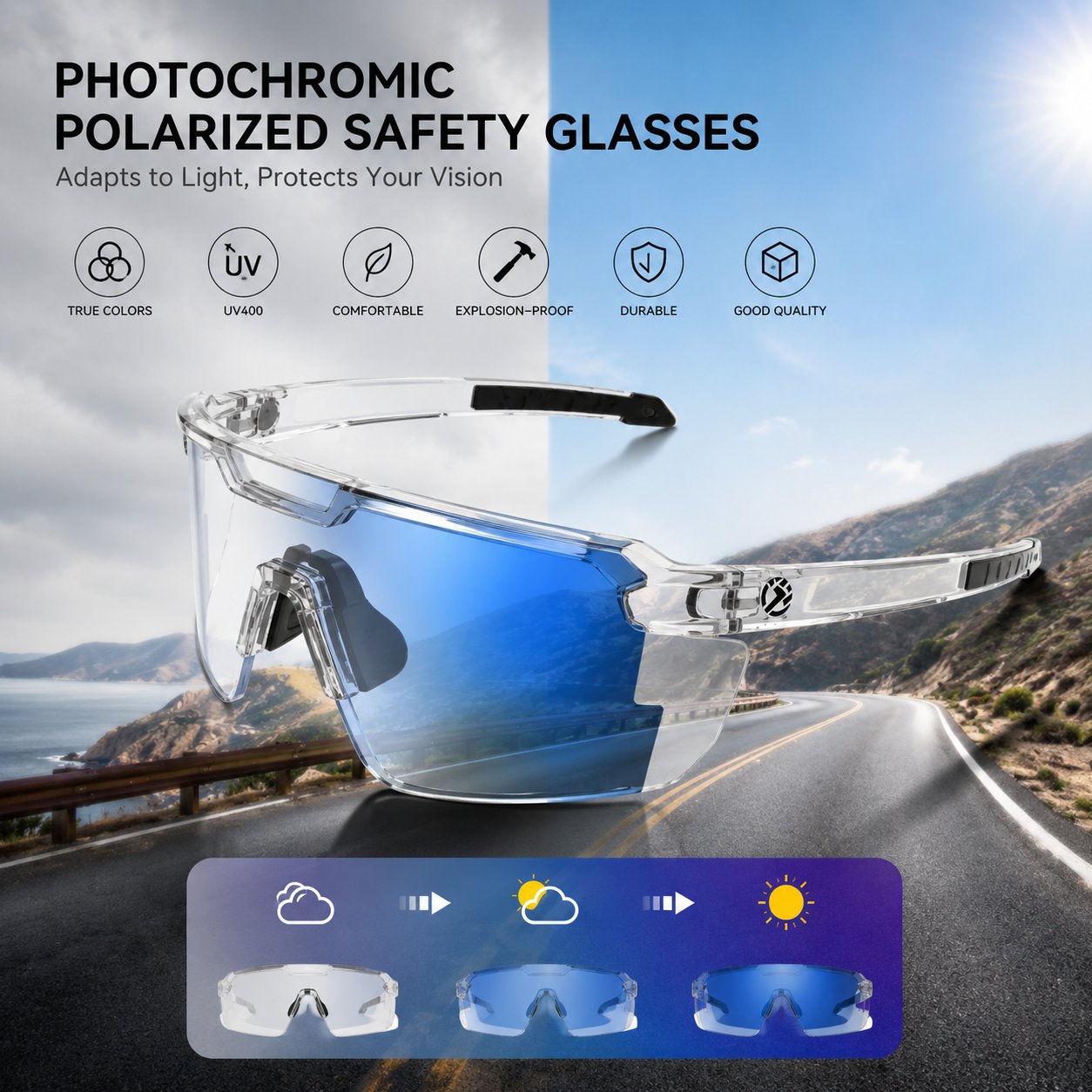UV400 Photochromic Polarized Safety Glasses - Impact Resistant Outdoor Sports and Work Eyewear